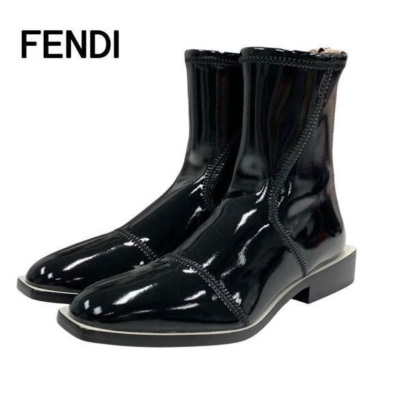 Fendi Handbags - Fendi Boots Short Boots Shoes Patent Black Beige Black Unused Back Zip